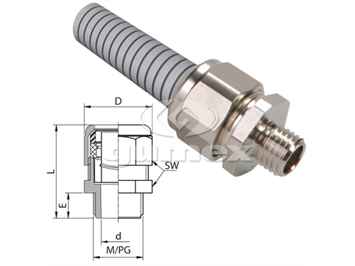 Konektor AU 159M pre chráničky METAL HOSE PVC 102/PUR 105/PA 104/Agraff PUR 151, vonkajší závit M16x1,5, rozmer koncovky 17mm, IP67, -10°C/+110°C, poniklovaná mosadz